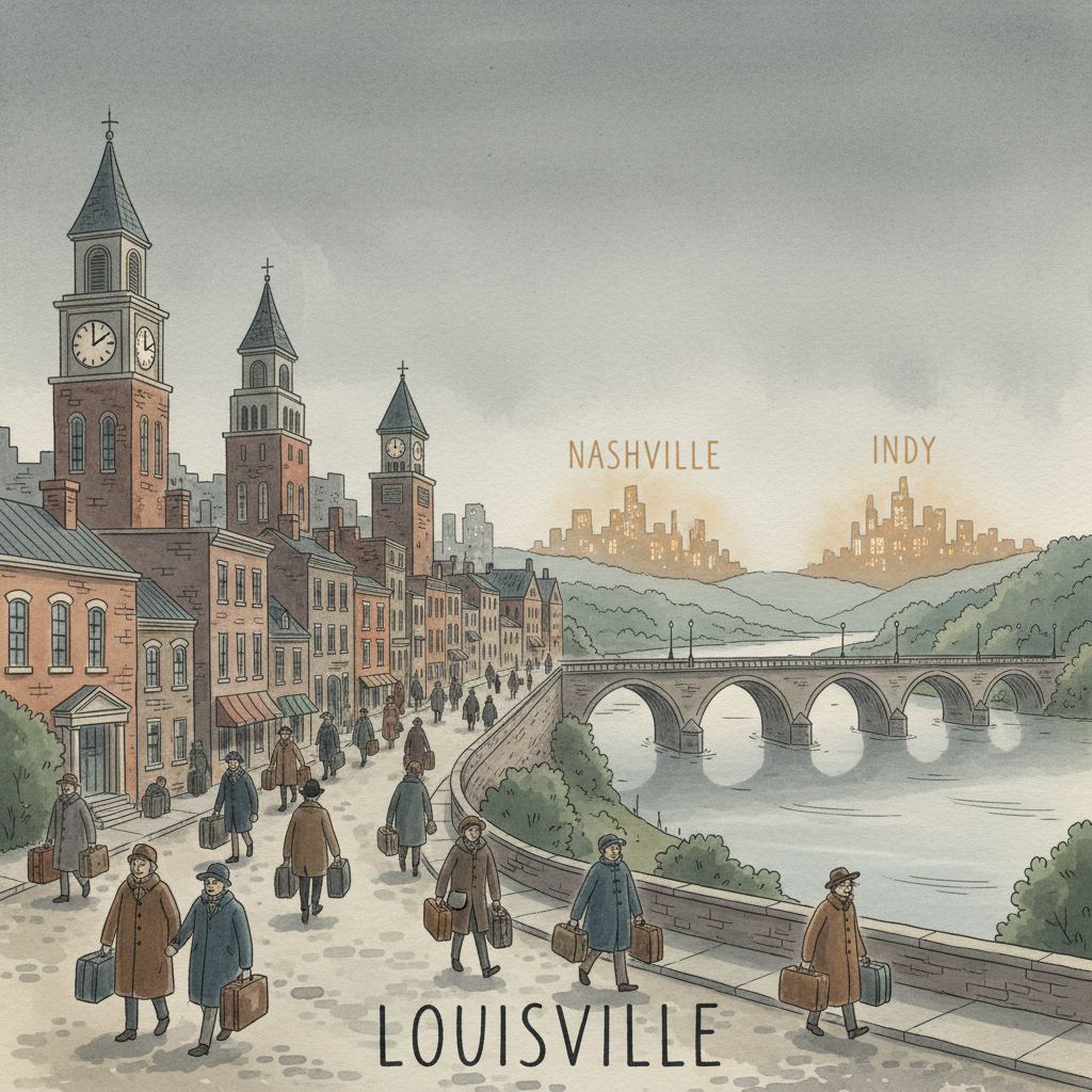 A city where the clocks have stopped — Louisville aerial, desaturated