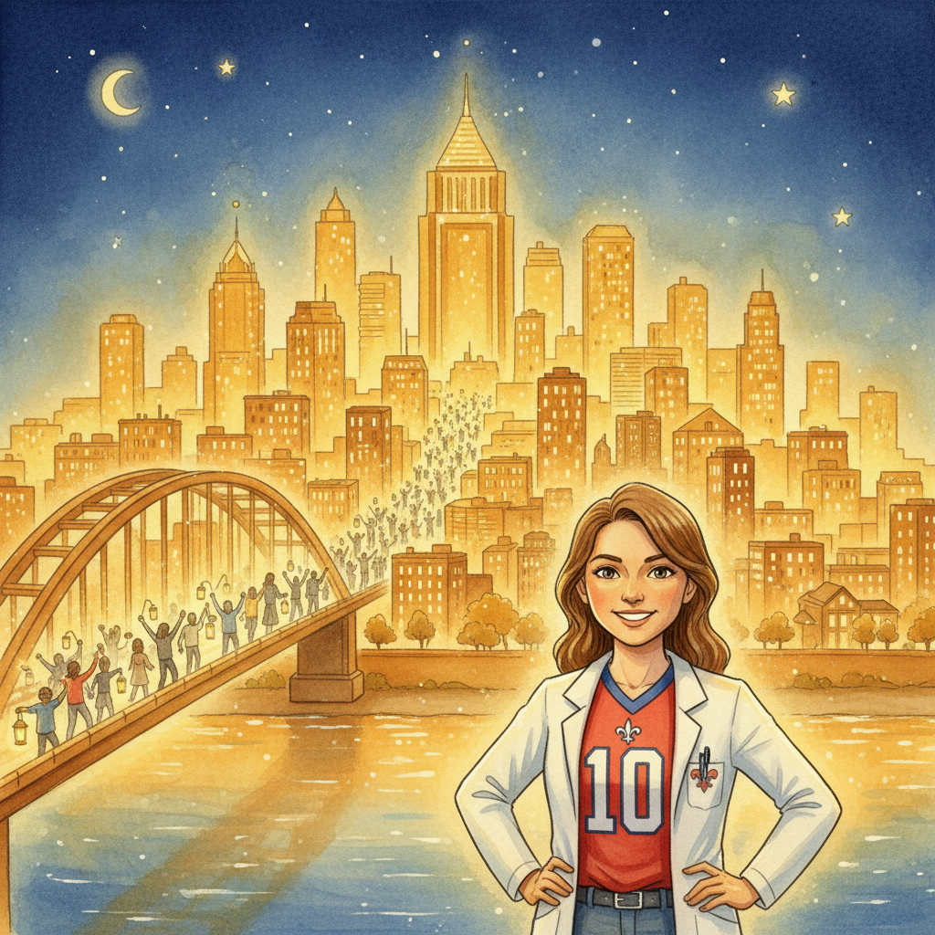 The happy ending — Louisville glowing with light, people celebrating